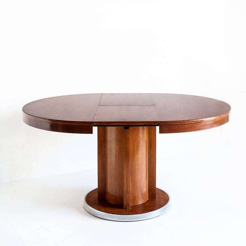 Dining table with a central extension. Vintage. Art Deco style. Varnished wood. France, 1960s.