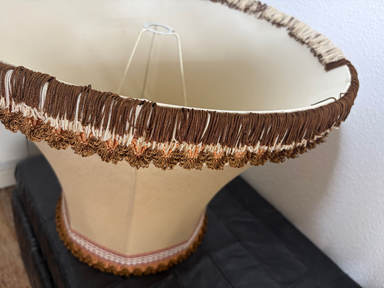 Pair of antique fabric lampshades with fringe