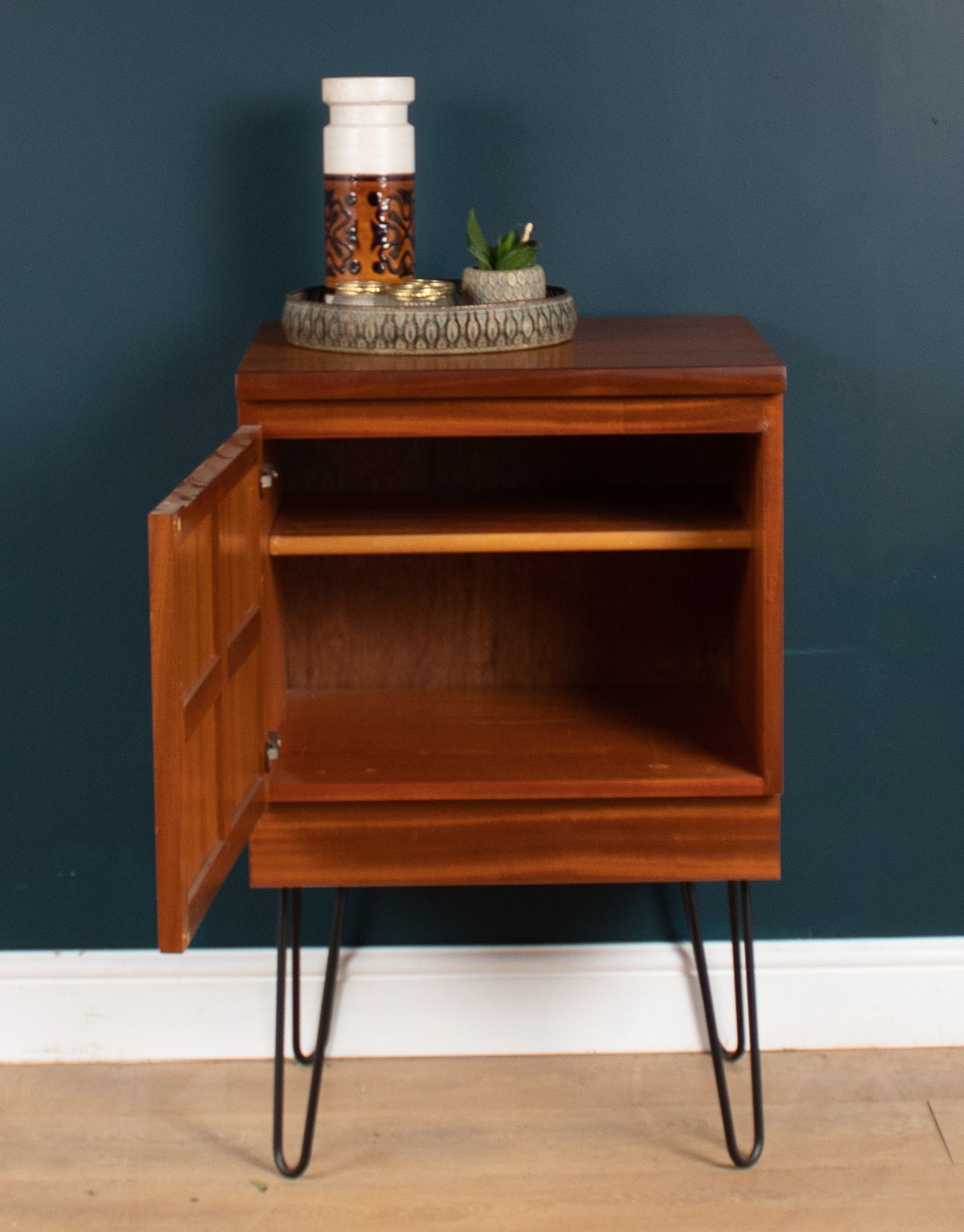 Restored Teak Retro 1960s Nathan Squares Lamp Table Cabinet Hair Pin Legs