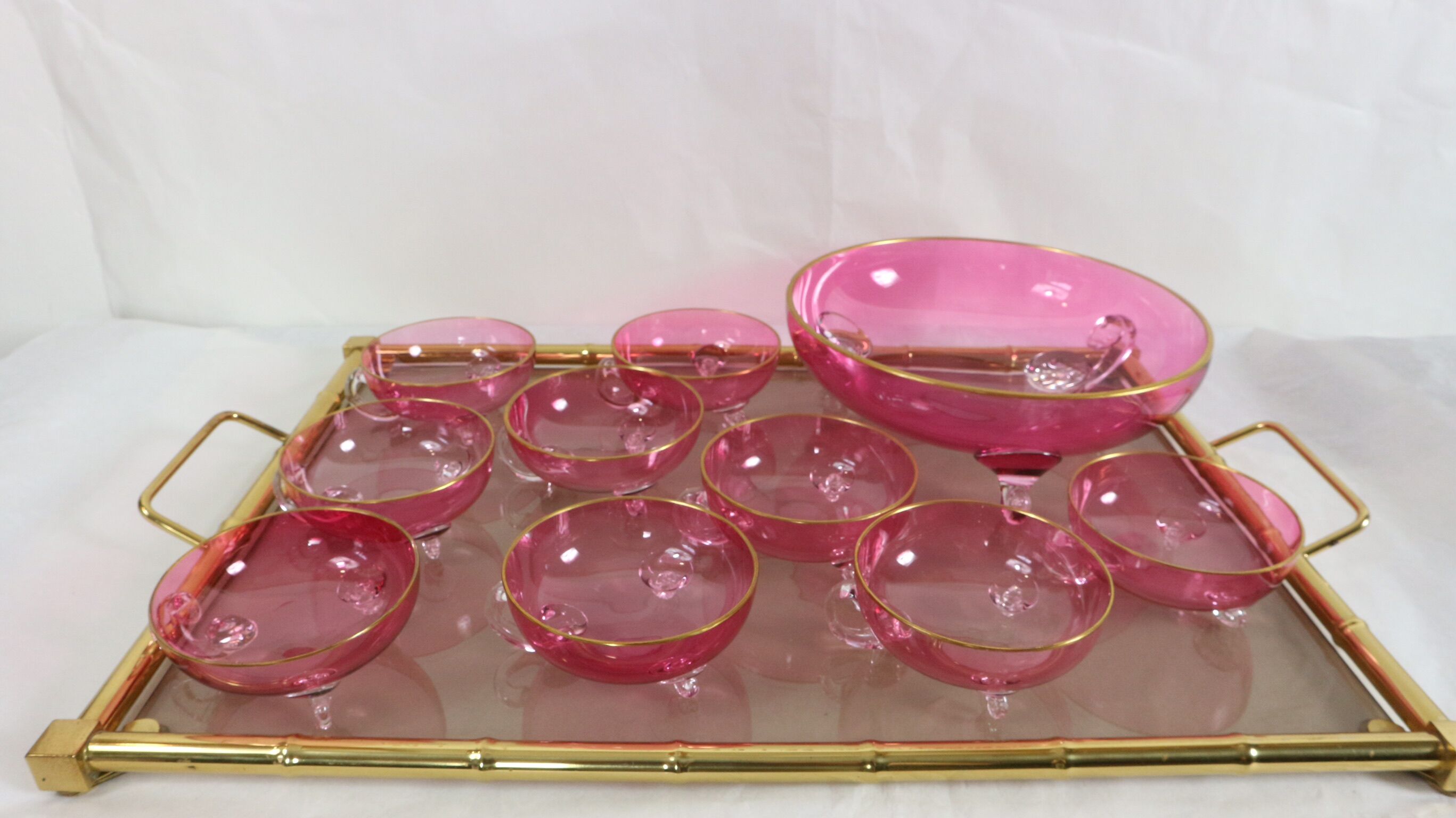 Vintage glasses service cup pink for 7 with service bowl