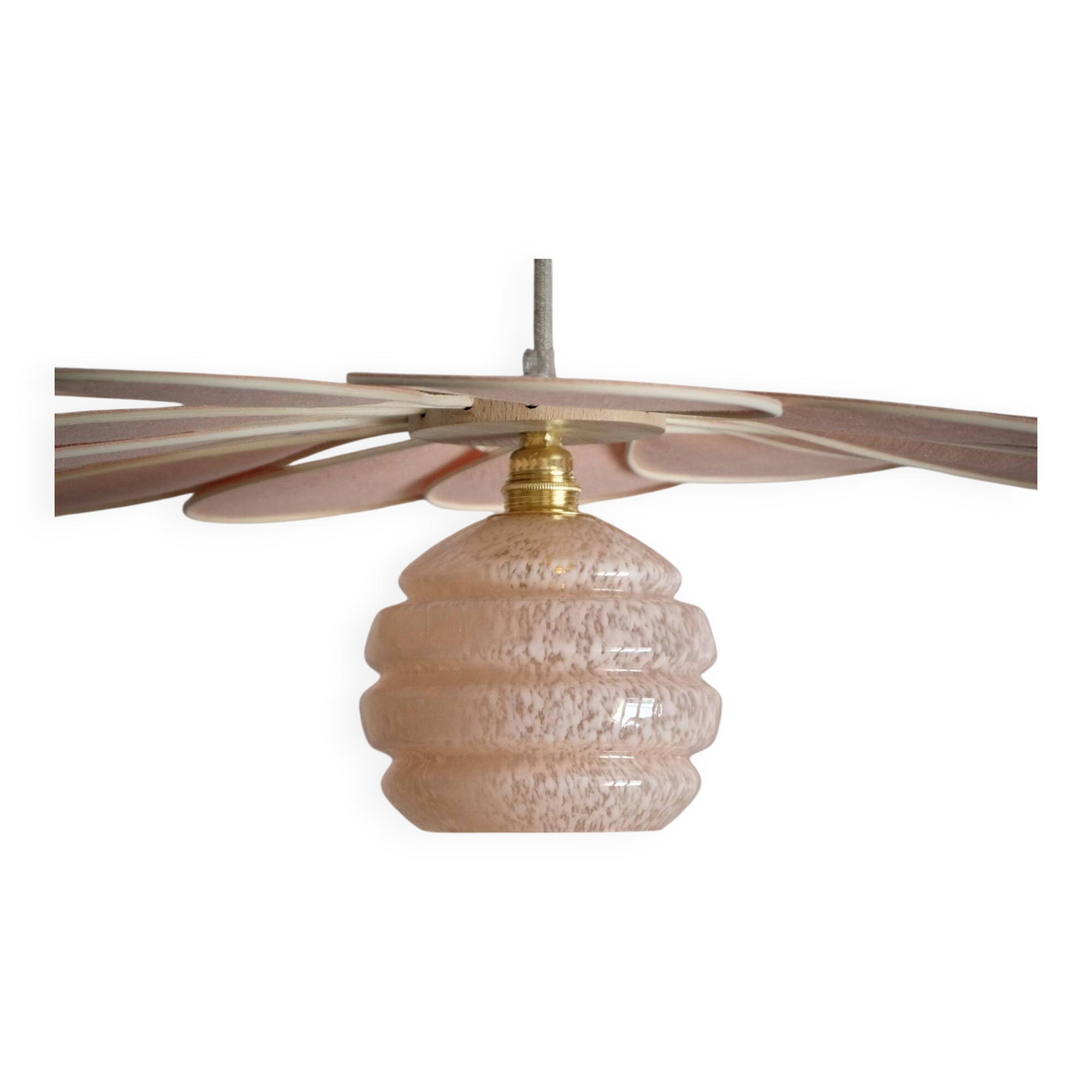 Rattan and Pink Linen Flower Pendant Light and Vintage Clichy Glass Globe