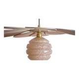 Rattan and Pink Linen Flower Pendant Light and Vintage Clichy Glass Globe