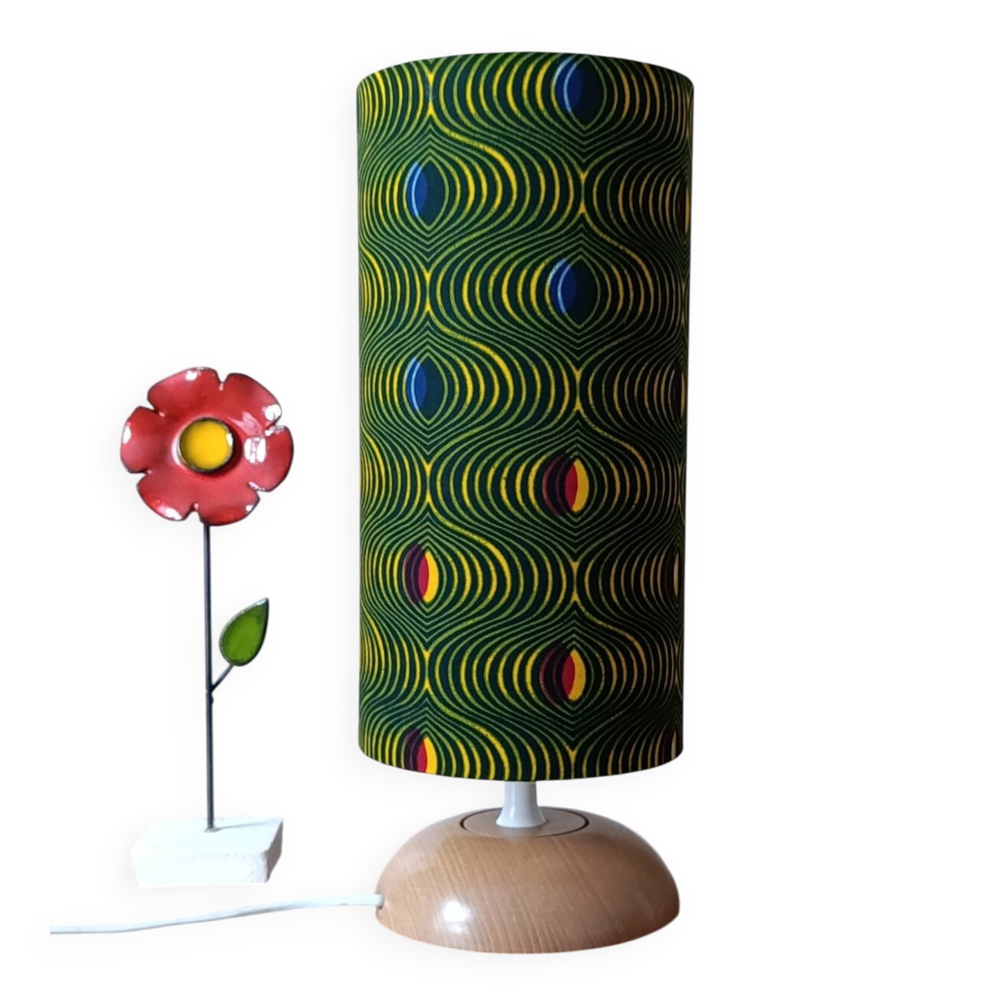 solid wood Scandinavian base lamp, hypnotic printed lampshade
