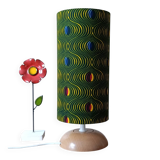 solid wood Scandinavian base lamp, hypnotic printed lampshade