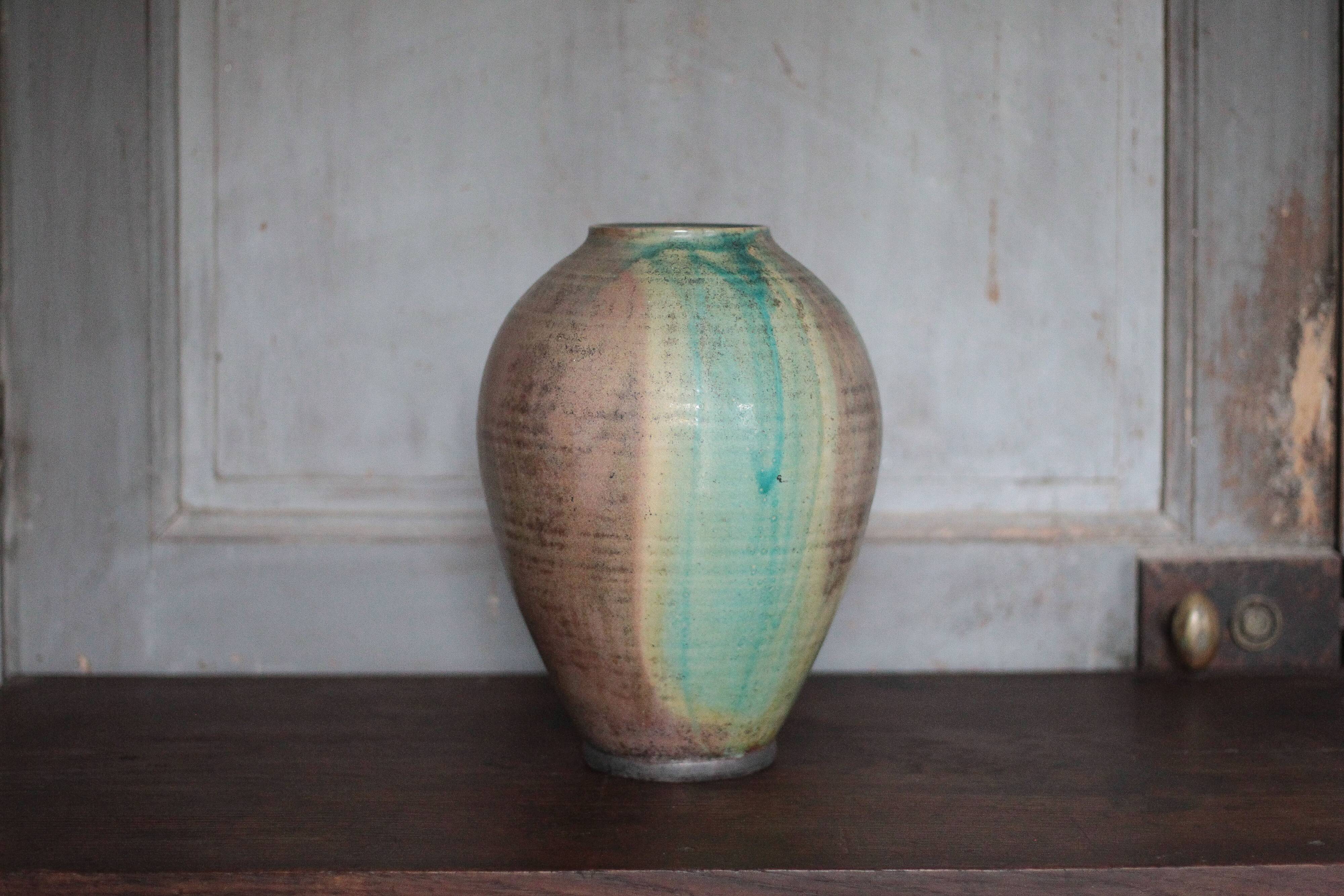 Glazed green ceramic vase signed AB, pottery, flower pot, vase.