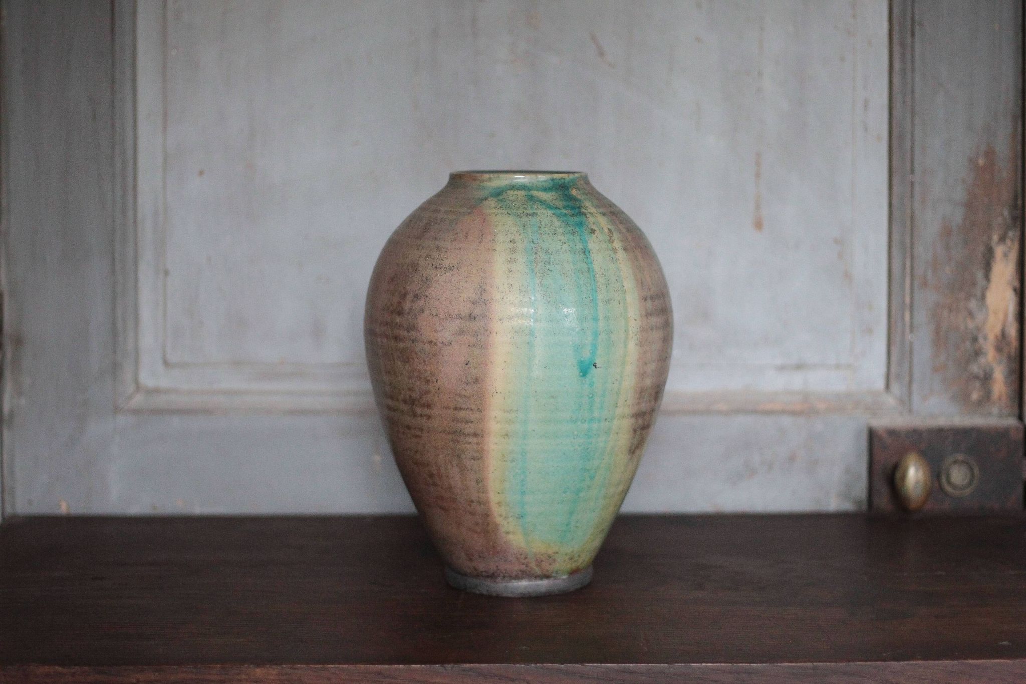 Glazed green ceramic vase signed AB, pottery, flower pot, vase.