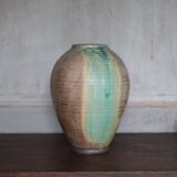 Glazed green ceramic vase signed AB, pottery, flower pot, vase.