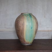Glazed green ceramic vase signed AB, pottery, flower pot, vase.