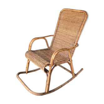 Rocking-chair in wicker and rattan 50s