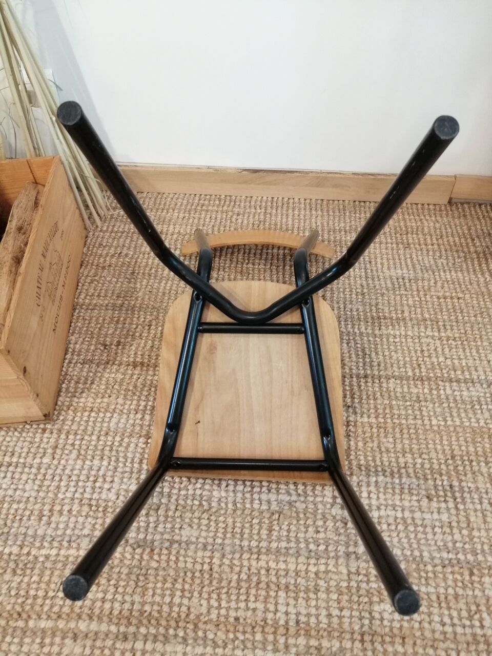 Series of 4 wooden and metal school chairs