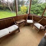 Complete bamboo rattan lounge set with armchair x2, sofa, coffee table