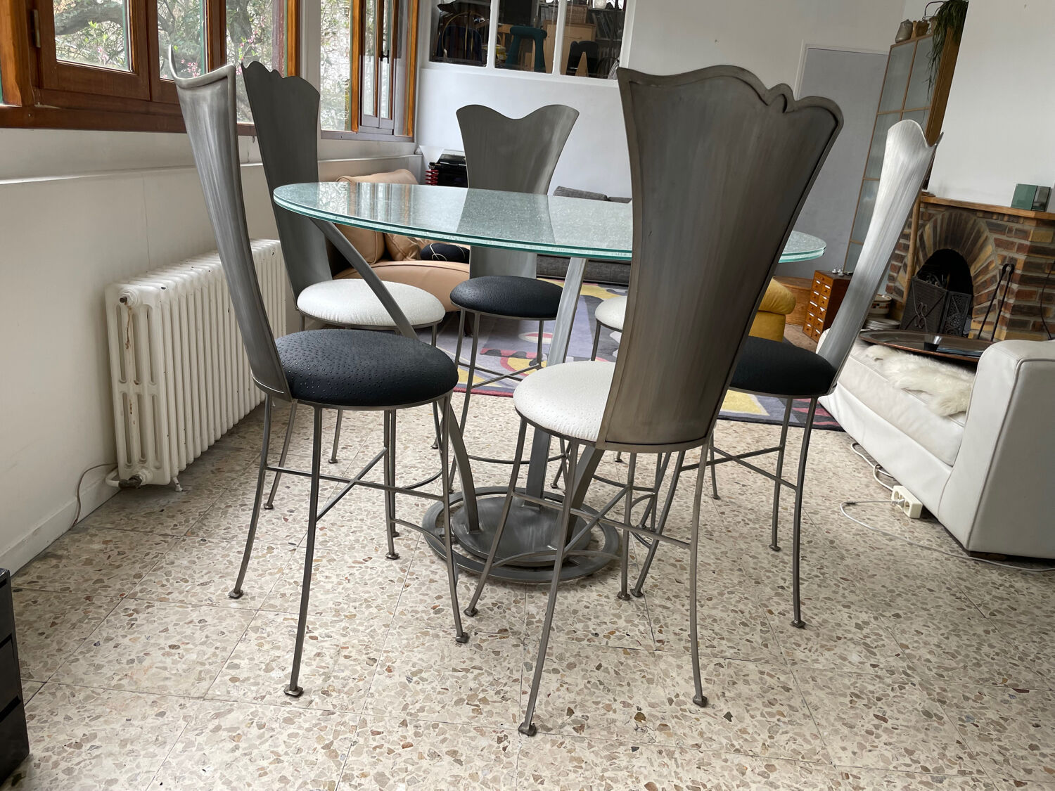 Design glass and steel high table 6-8 seats