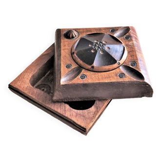 Old carved wooden cigarette box with Art Deco style ashtray