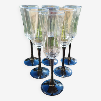 6 vintage champagne flutes luminarc octime black foot 70s-80s