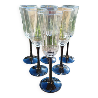 6 vintage champagne flutes luminarc octime black foot 70s-80s