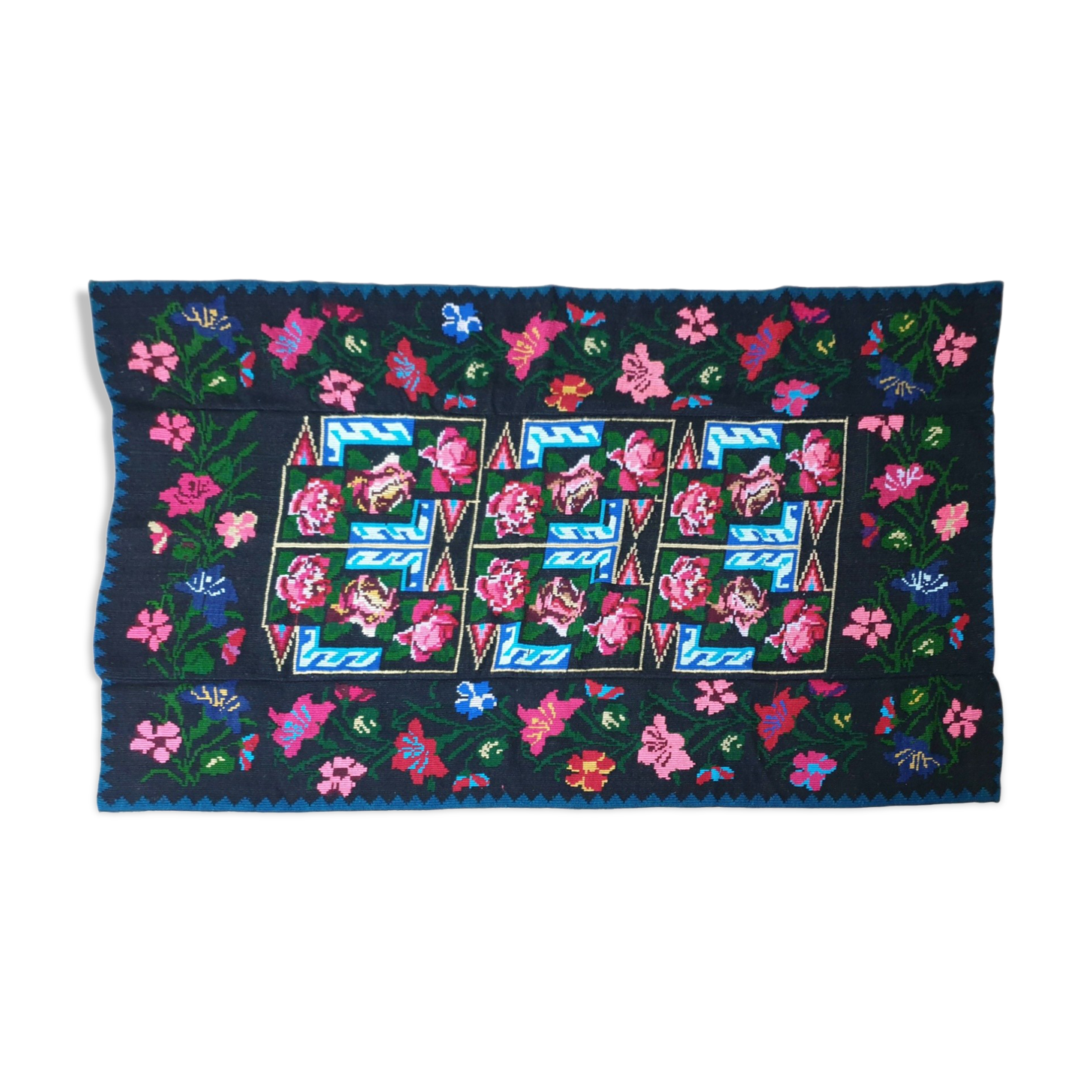 Handwoven floral wool rug, black background with pink roses and geometric design 207x144cm
