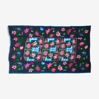 Handwoven floral wool rug, black background with pink roses and geometric design 207x144cm