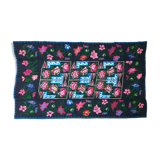 Handwoven floral wool rug, black background with pink roses and geometric design 207x144cm