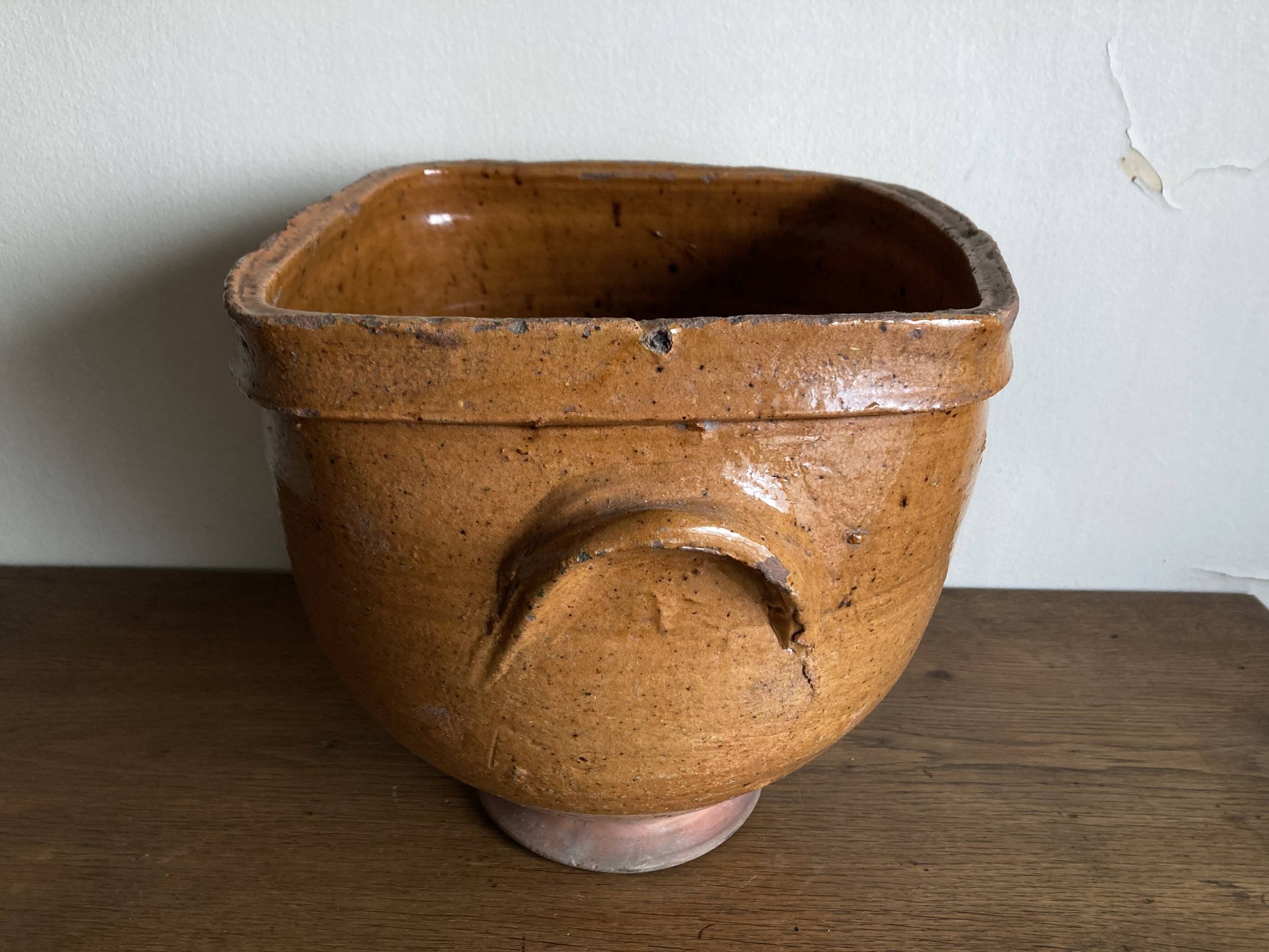 XXL glazed earthenware cache pot from the countryside, planter 1950