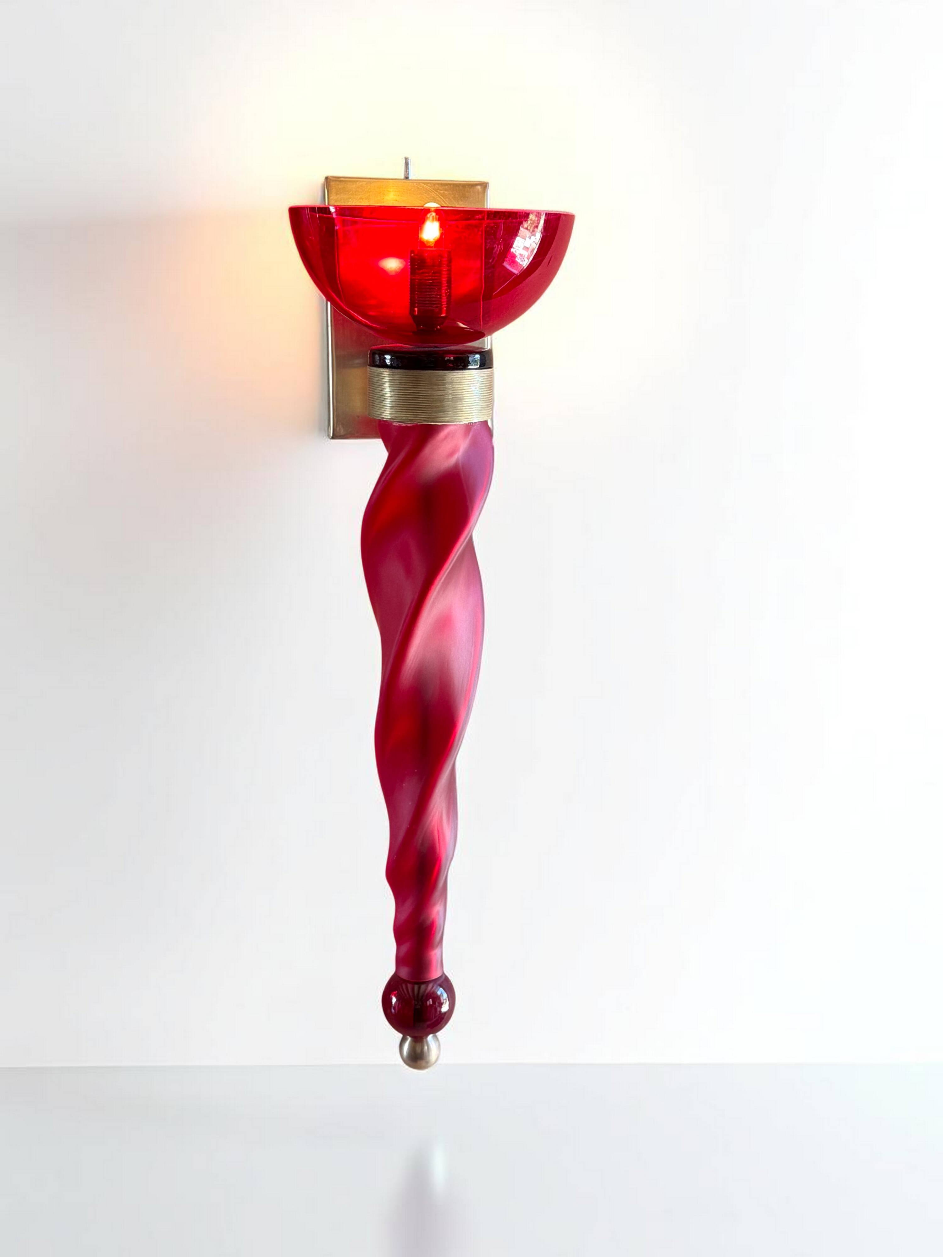 Pair of 62 cm murano torchere wall lights in red tinted glass and brass