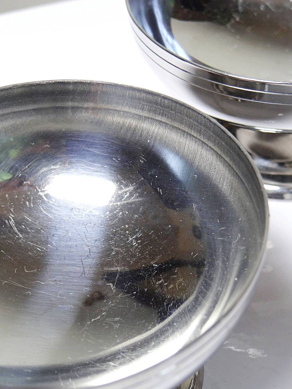 6 vintage bistro-style stainless steel dessert bowls on feet