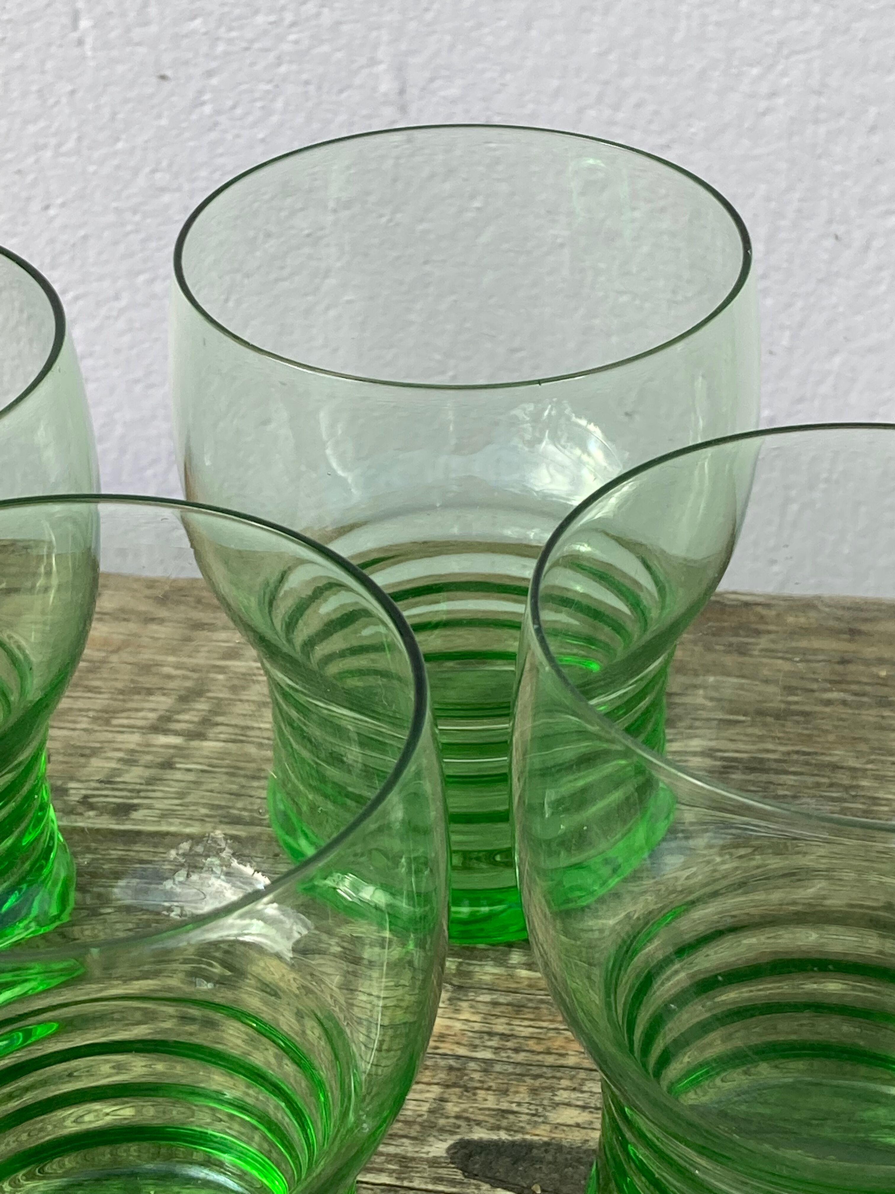 5 vintage green blown glass water glasses