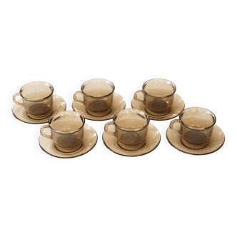 Set of 6 smoked glass coffee cups and saucers, Arcoroc France.