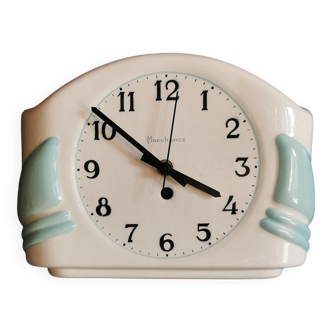 Horloge céramique vintage pendule murale silencieuse rectangulaire "Manufrance blanc bleu"