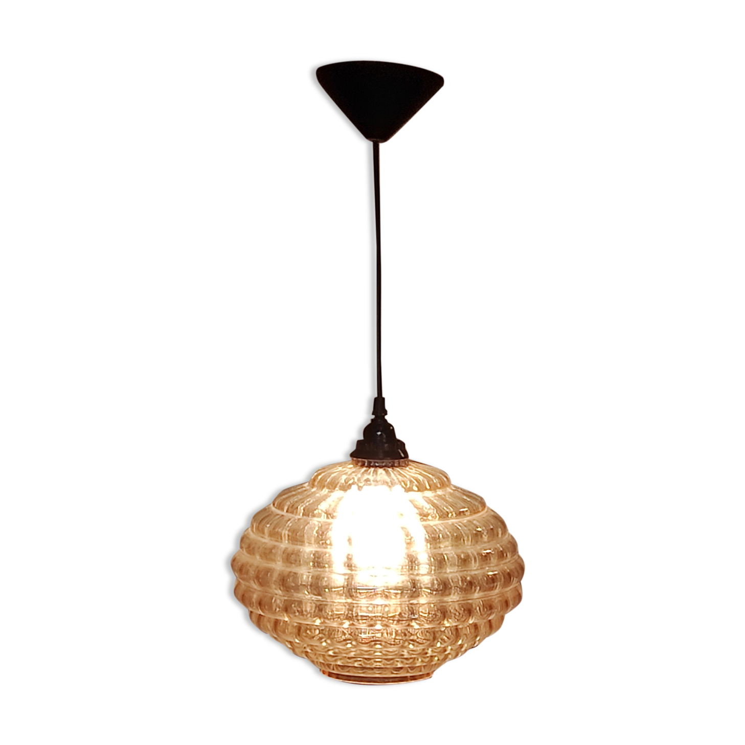 Lampe suspension vintage en verre marron transparent ondulé
