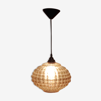 Vintage suspension lamp in corrugated transparent brown glass