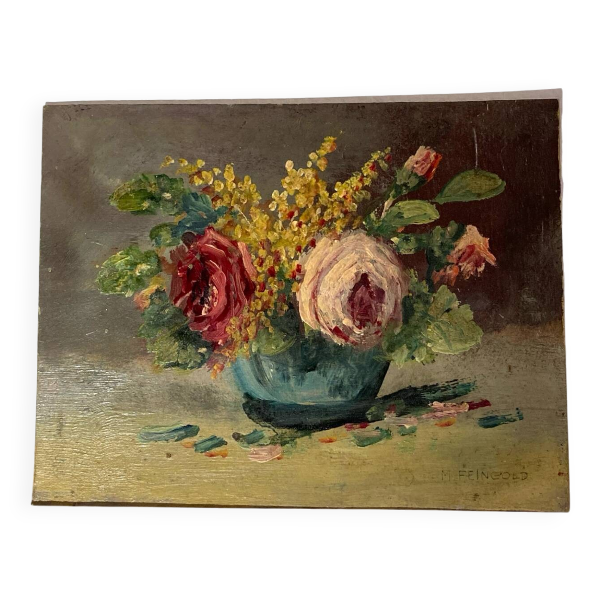 Petite huile sur panneau XXème, Chrysanthèmes
