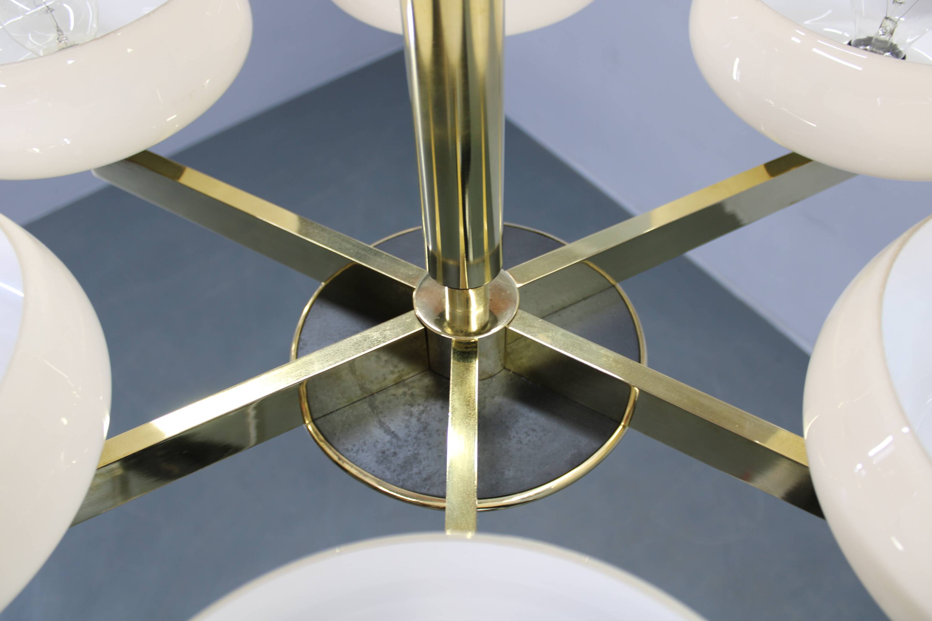 Art Deco brass chandelier with opaline glass, Czechoslovakia, 1930s