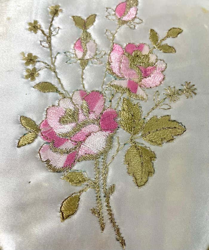 Toiletry set - metal and silk brush and hand mirror England from the 50s