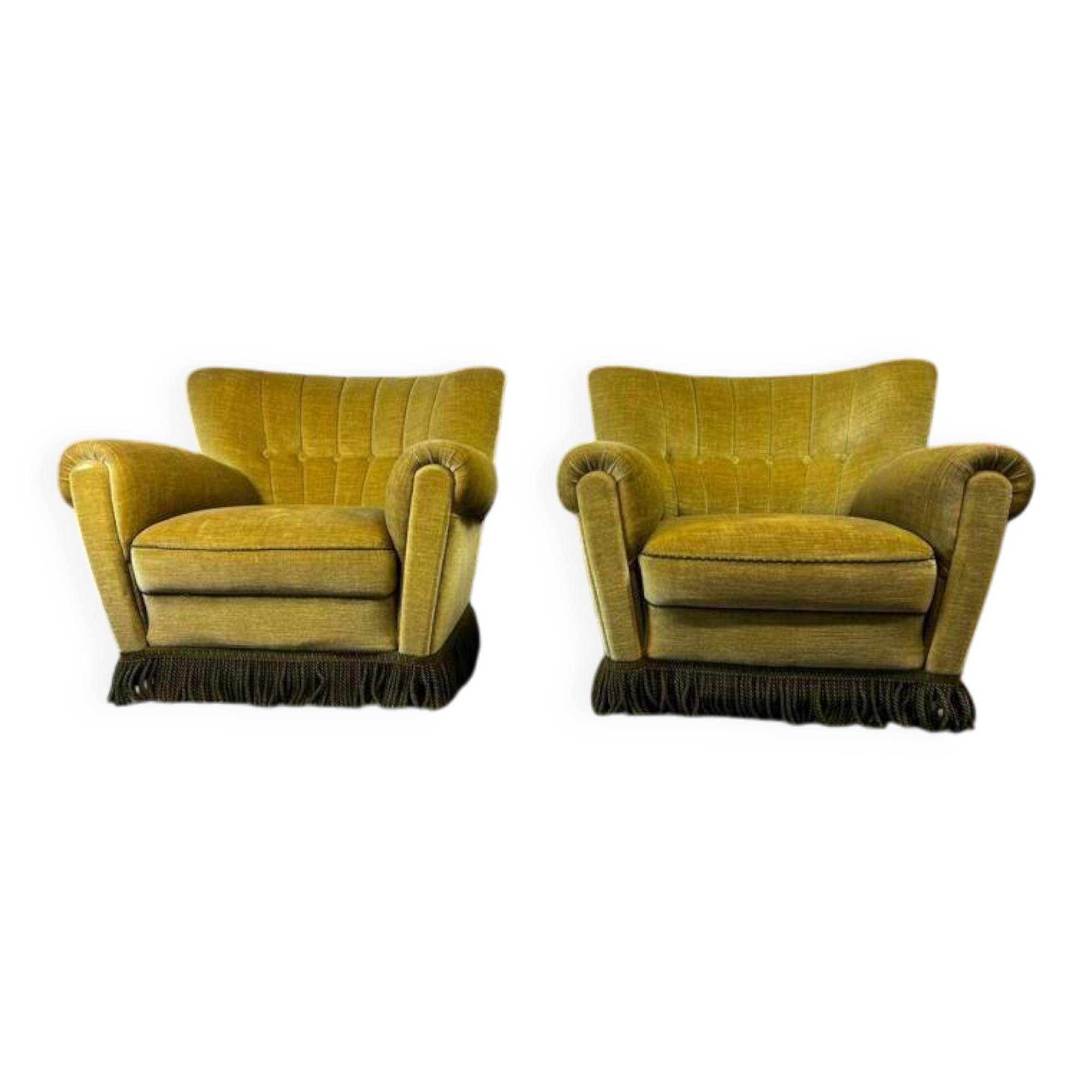 Set de 2 fauteuils vintage verts avec franges