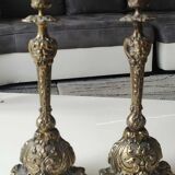 Pair of Antique Flambeaux Candlesticks/Baroque Style, Rocaille. In gilded bronze. 19th century