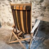 Vintage French folding lounge chair – 1950s/60s in beech with striped canvas, adjustable recliner
