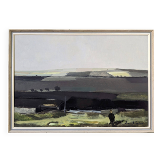 Peinture à l’huile de paysage semi-abstraite suédoise vintage moderne du milieu du siècle « Distance », encadrée