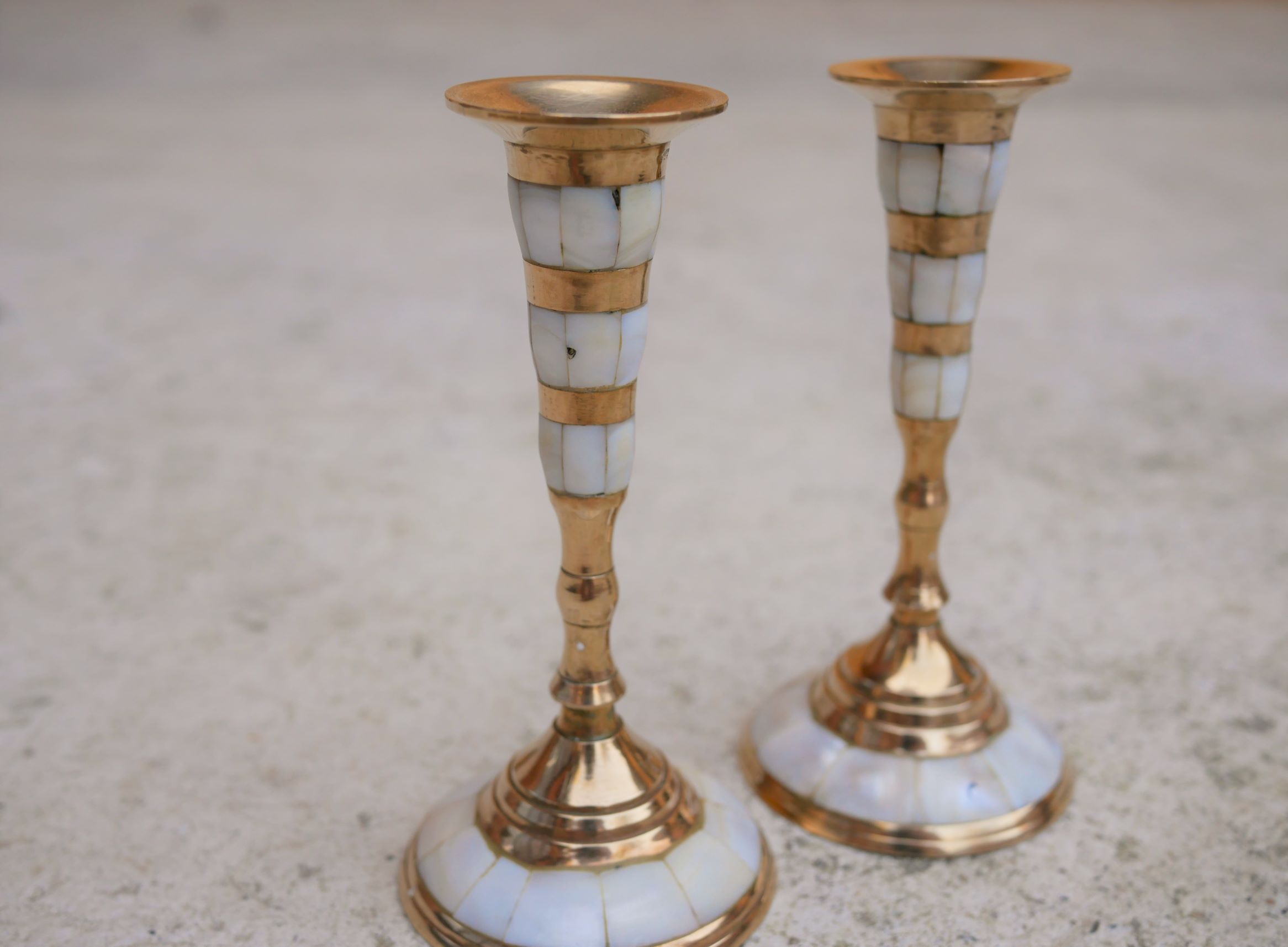 Pair of vintage brass and mother-of-pearl candlesticks