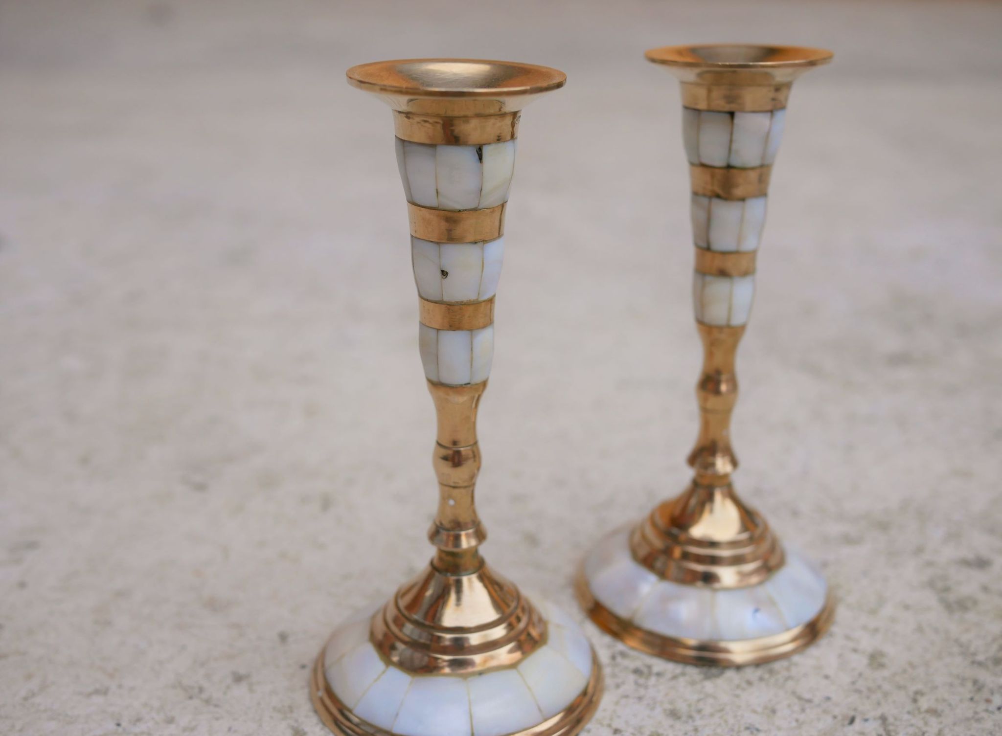 Pair of vintage brass and mother-of-pearl candlesticks