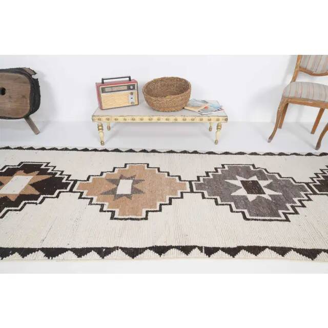 Vintage Turkish Oushak Handmade Cotton White Wool Runner 108x326