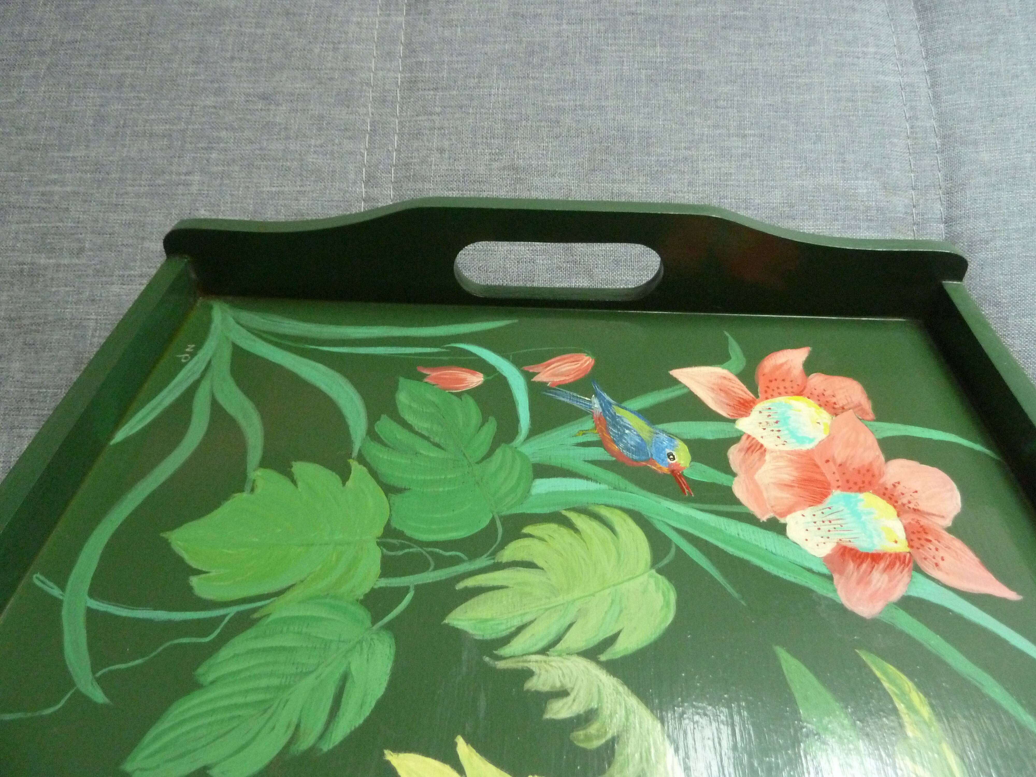 Hand-painted wooden tray exotic garden