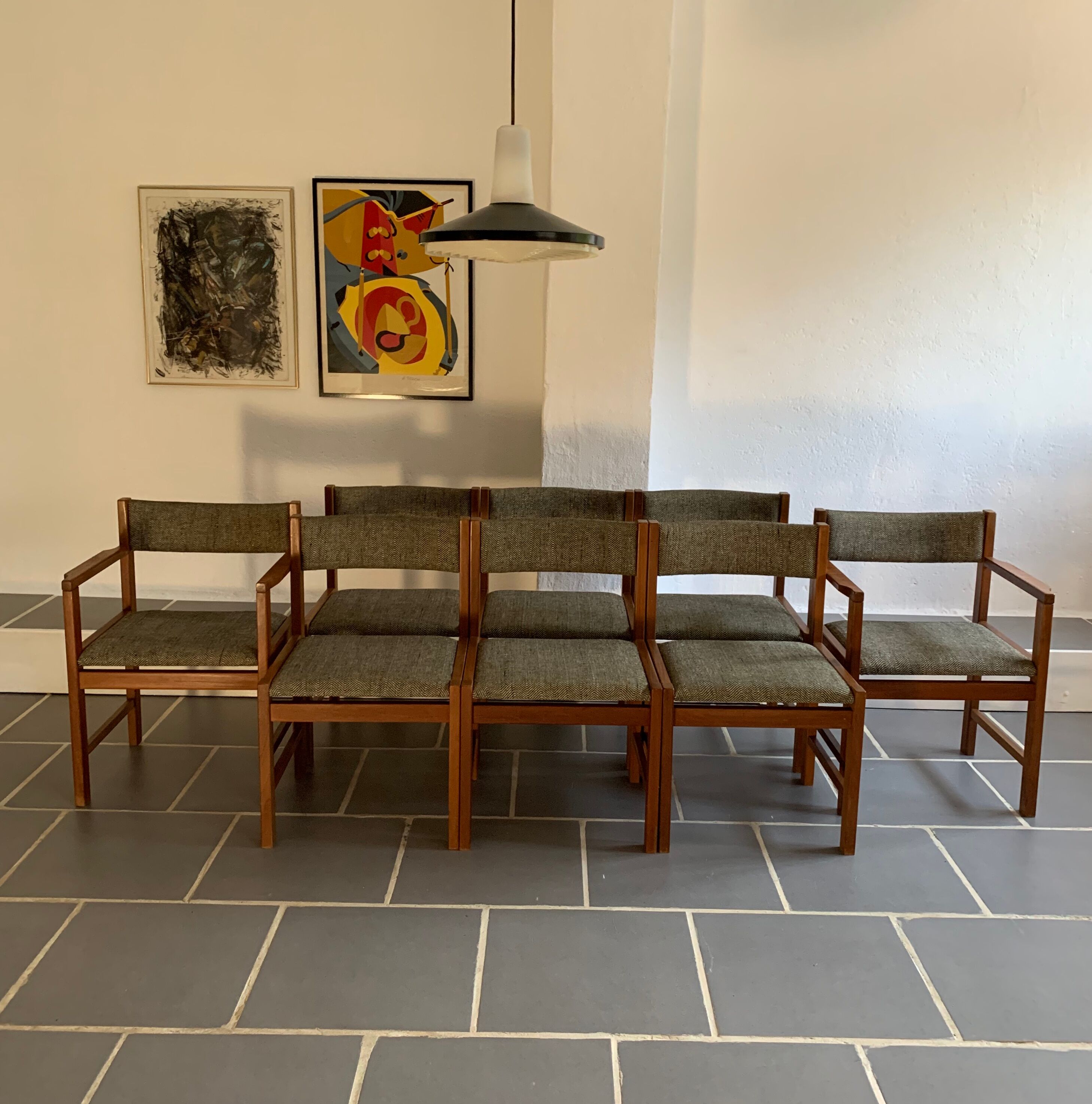 Set 6 chairs and 2 vintage Scandinavian teak and tweed chairs