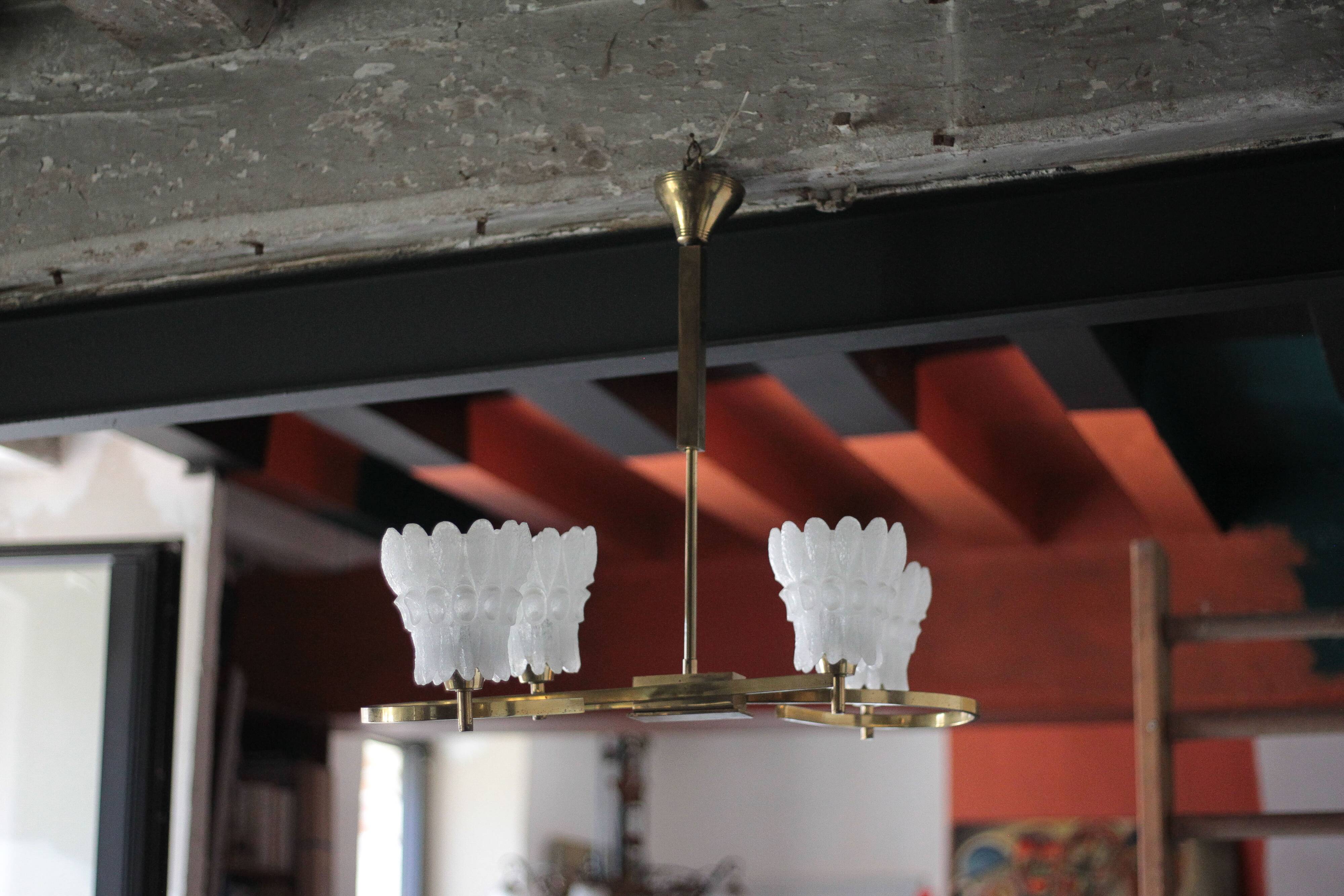 Vintage brass suspension with thick milk glass globe, brass chandelier.