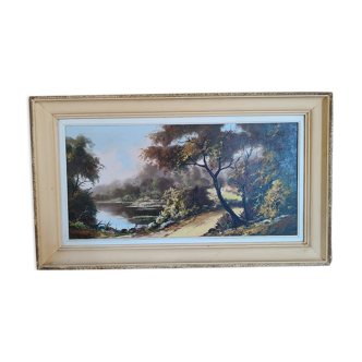 Oil on canvas landscape and river signed Auguste Hyppolite Riondet 19th