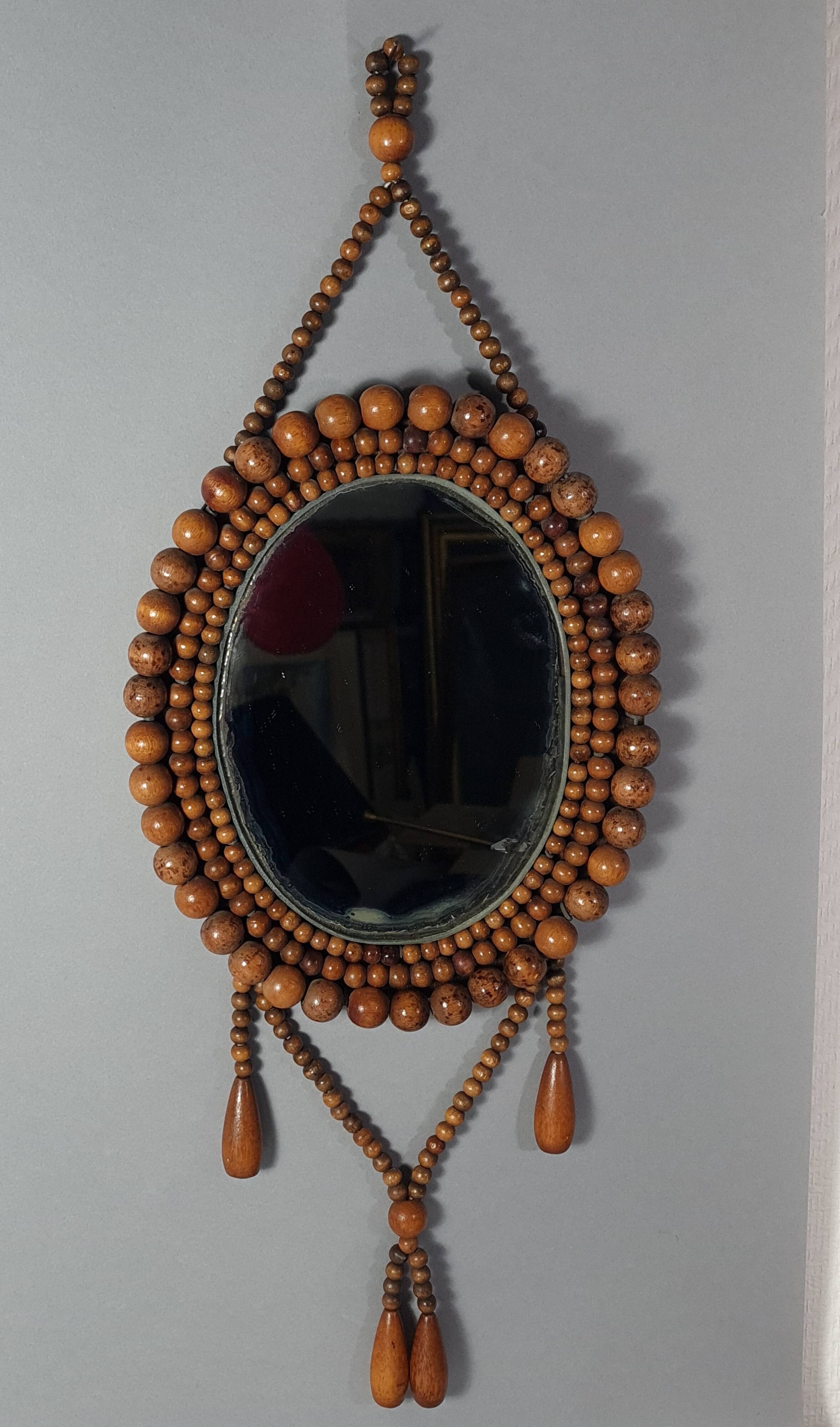 Oval mirror wooden beads, vintage 60/70s to hang 60x22 cm C226