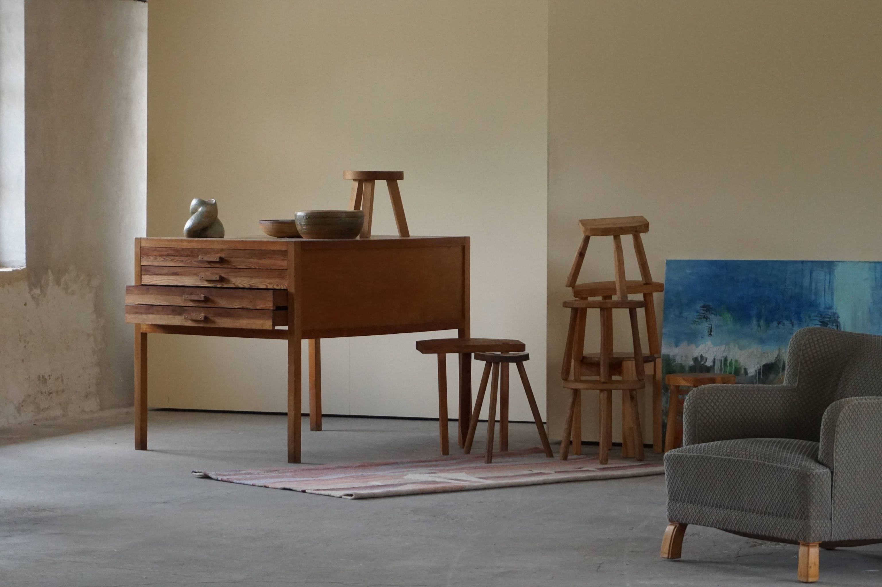 Mid Century Large Danish Drawing Cabinet, Made in Pine and Beech, 1960s