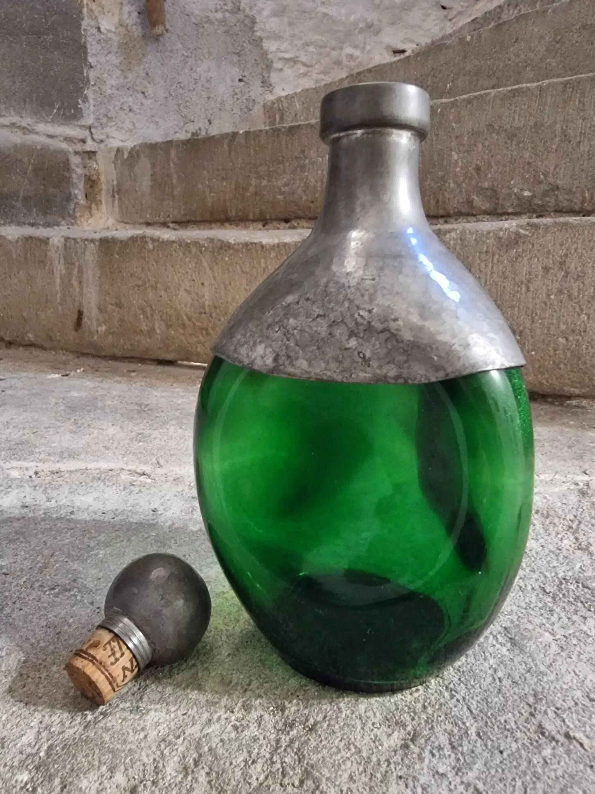 Vintage French green glass and pewter carafe - 1930s handcrafted bottle with stopper