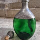 Vintage French green glass and pewter carafe - 1930s handcrafted bottle with stopper