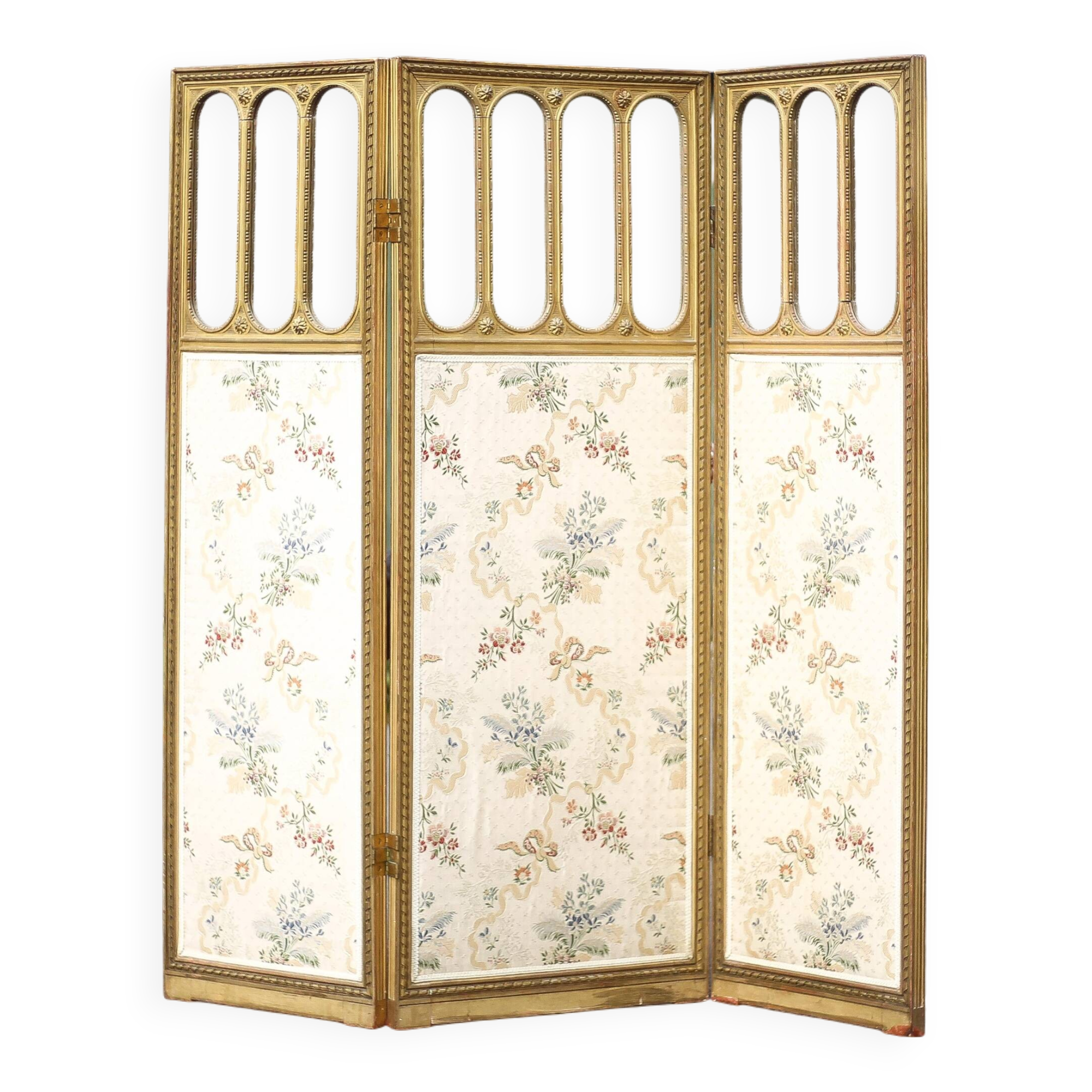 Vintage screen, old 3-panel screen, molded wood and fabric screen