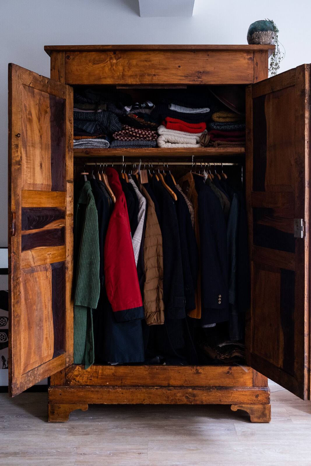 Old wardrobe cabinet in elm and solid walnut
